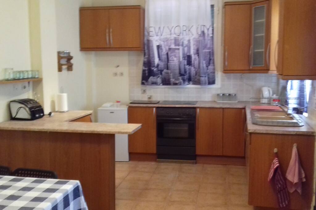 fully equipped kitchen with door onto back yard