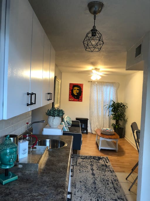 Kitchenette leading into the living room