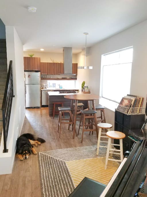 The first floor includes a shared eating area, the kitchen where guests are welcome to do light cooking, and our music gear.