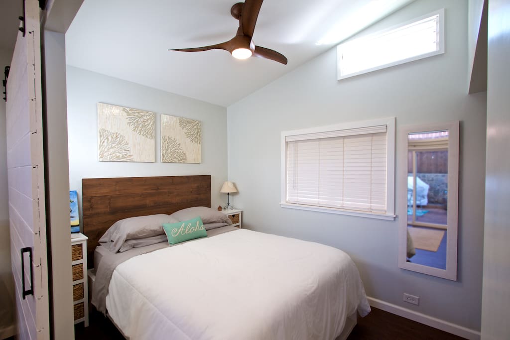 Bedroom has a queen size bed, ceiling fan, mirror and closet.
