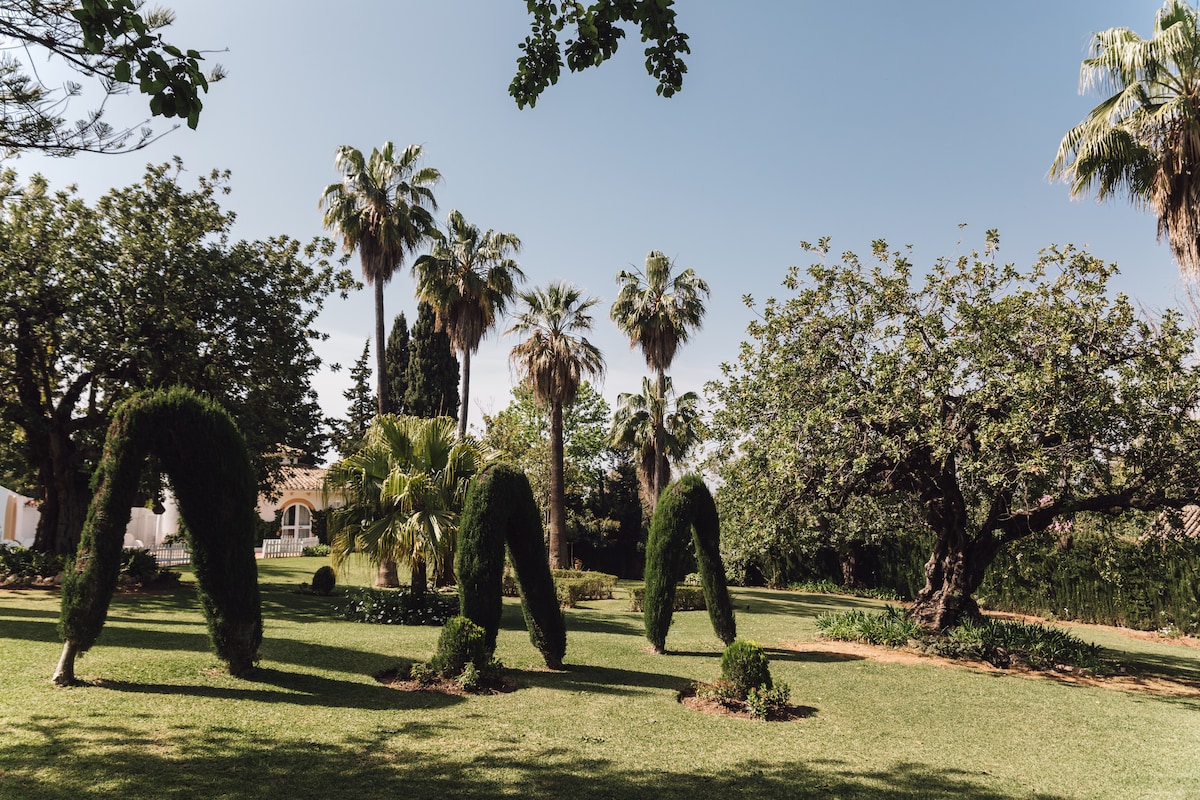 The garden is adorned with meticulously shaped greenery, including hedges that resemble letters, surrounded by palm trees and a large tree providing shade. Lush grass stretches across the landscape, creating a serene outdoor space ideal for relaxation.