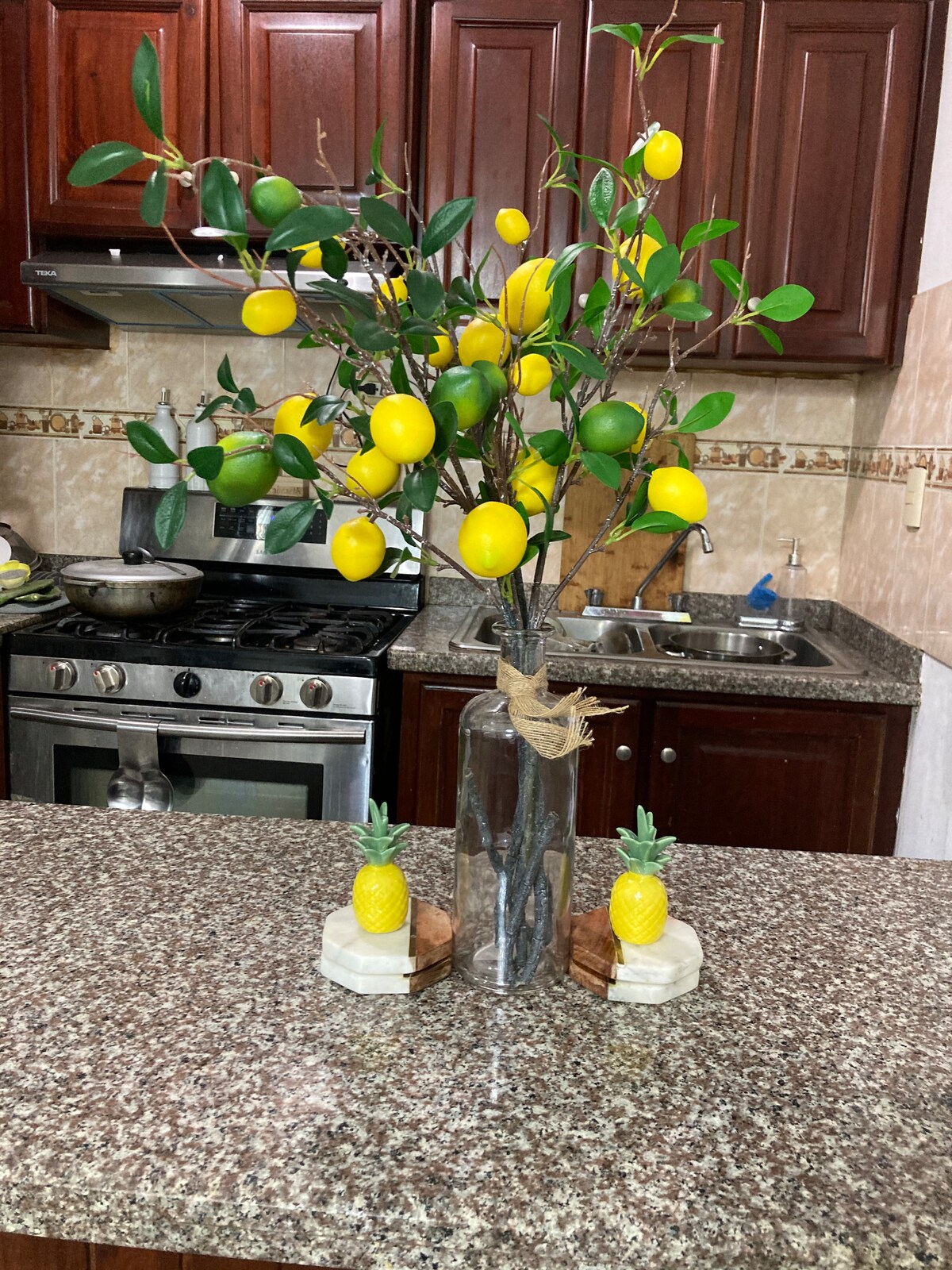 A kitchen island features a decorative arrangement of a lemon and lime tree in a glass vase. The countertop is made of speckled granite, complemented by two pineapple-shaped coasters. Stainless steel appliances and a sink are visible in the background.