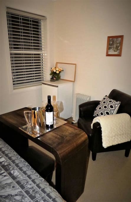 Comfortable armchair within easy reach of the fridge!