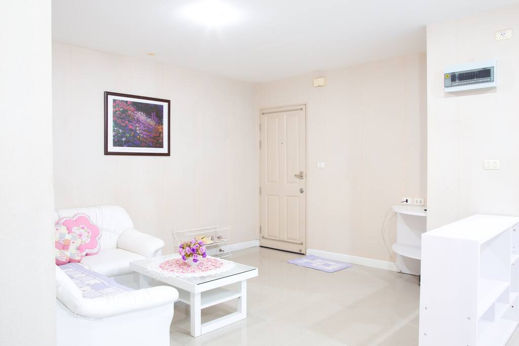 Entrance door and living room with TV.