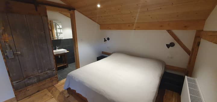 חדר עם מיטה זוגית וחדר רחצה פרטי. 