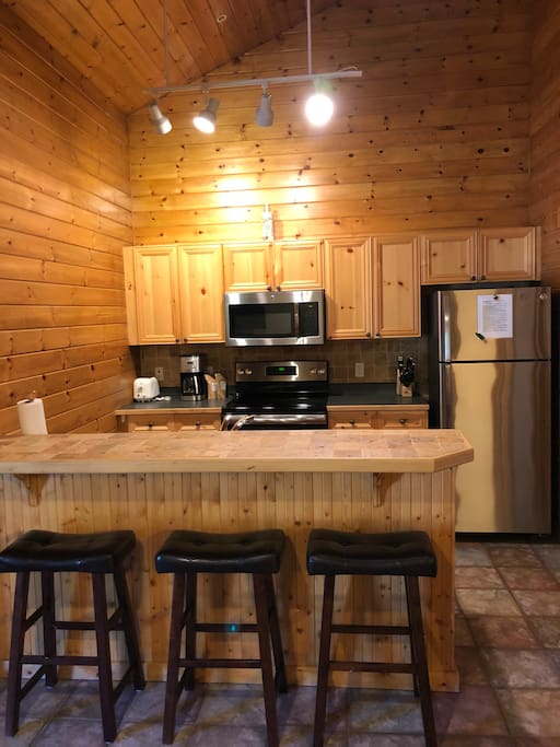 Kitchen with recently updated stainless-steel appliances (Oven, Microwave, Fridge, Freezer + Ice maker).