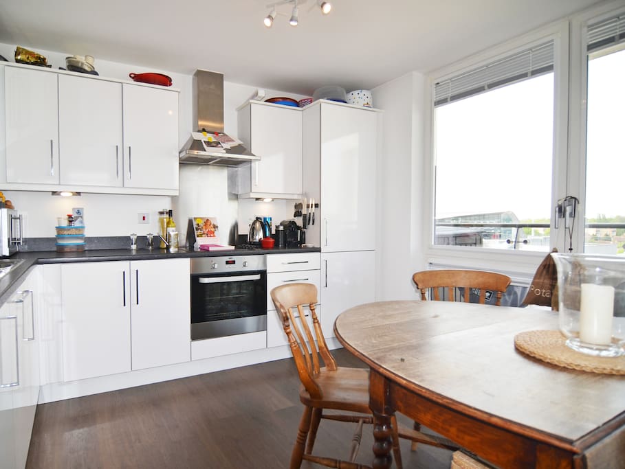 Large kitchen and dining table which opens up.