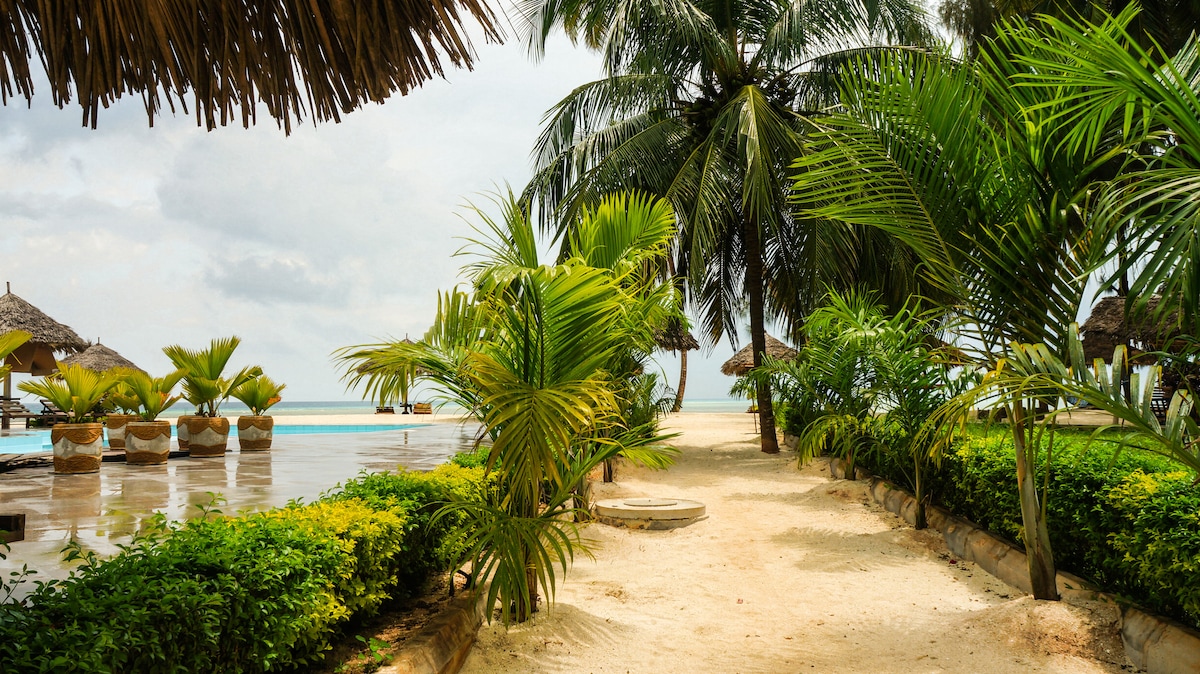 Lush palm trees and tropical plants line a sandy path leading to a tranquil beachfront. Thatched umbrellas can be seen in the background, providing shade by a clear blue pool that reflects the sky, creating a serene coastal atmosphere.