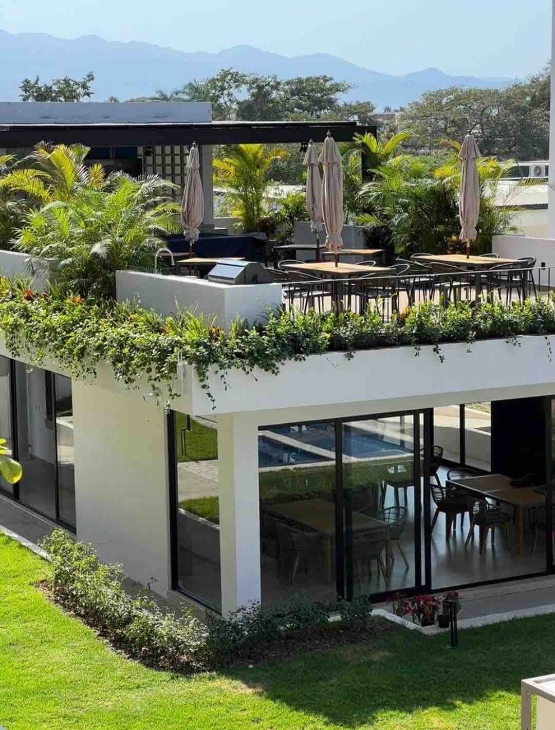 The image showcases a modern building surrounded by greenery. A rooftop terrace with several tables and chairs is present, shaded by large umbrellas. Lush plants add vibrancy, while expansive glass windows reflect the outdoor space and provide a connection to the serene environment.