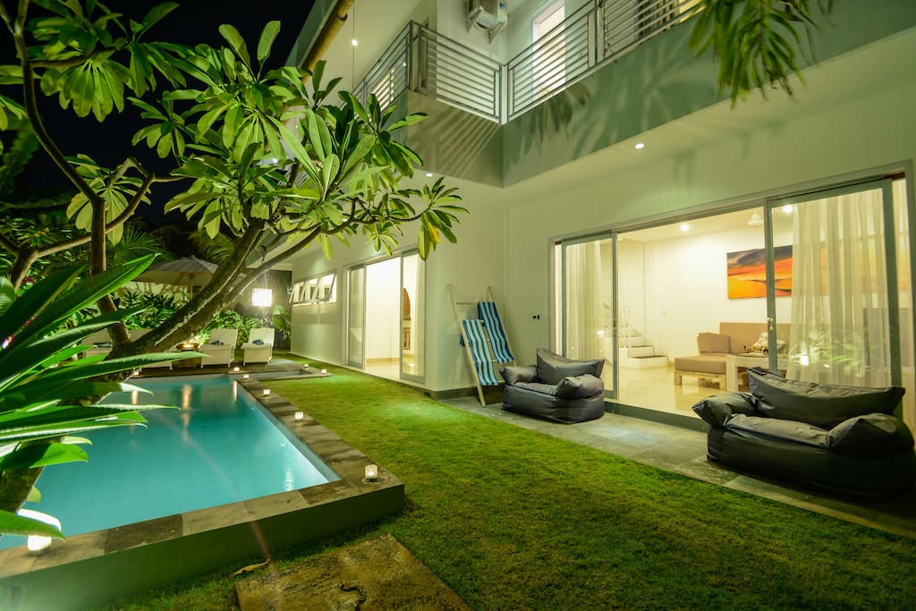 Relax by the pool in two bean bag chairs