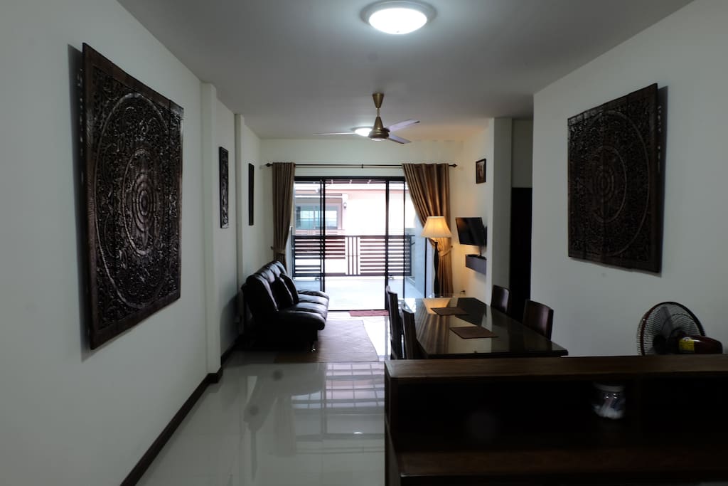 View from the kitchen of the dining and living room area.