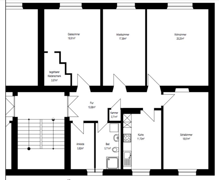 Grundriss: 5 Zimmer, Küche Bad, Abstellraum, großzügig geschnittene Wohnung