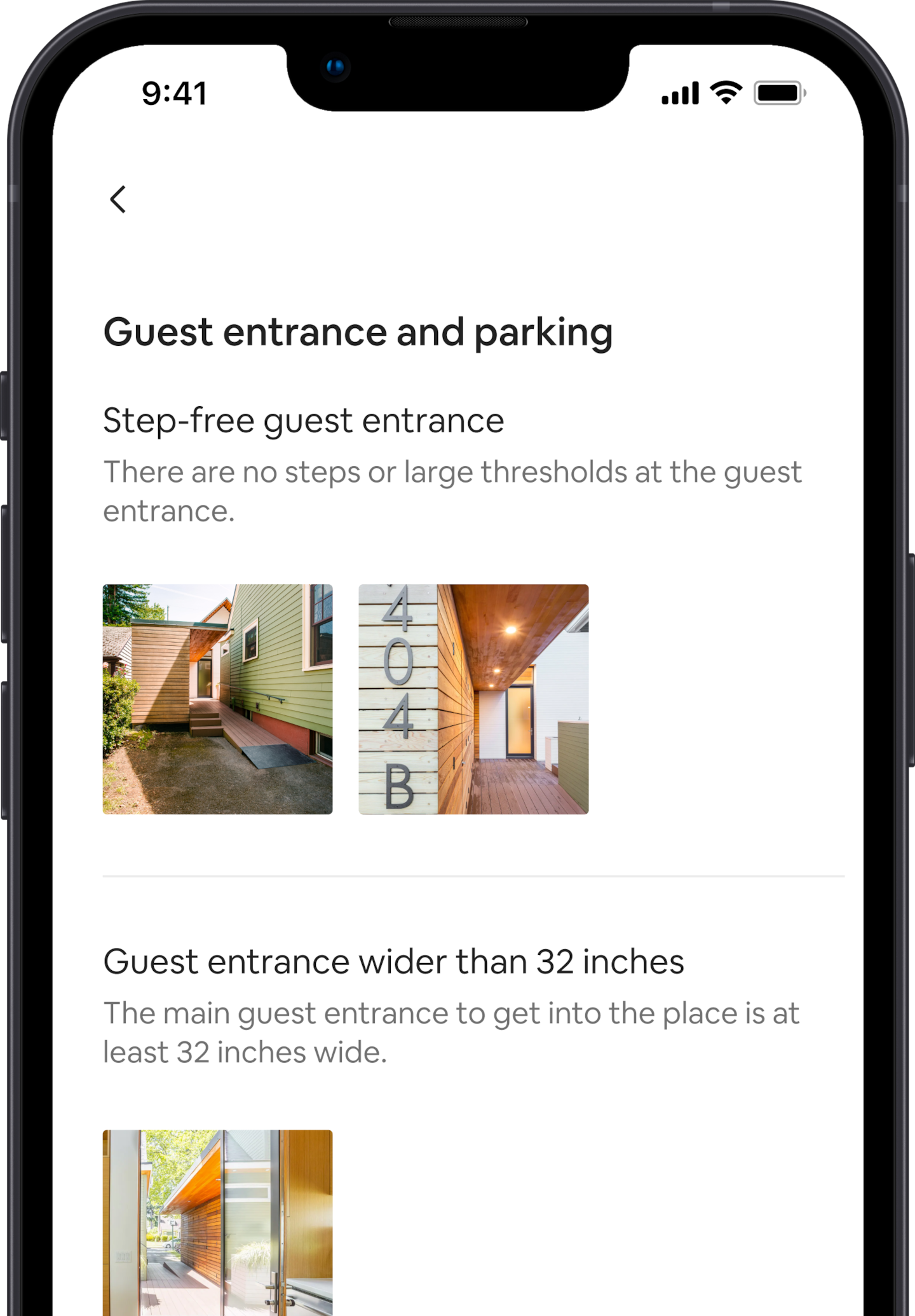 A mobile phone displays a group of accessibility features for an Airbnb listing. The first feature reads “step-free guest entrance,” with images below that correspond to the feature. Underneath is another accessibility feature that reads “guest entrance wider than 32 inches,” with an image below corresponding to the feature.