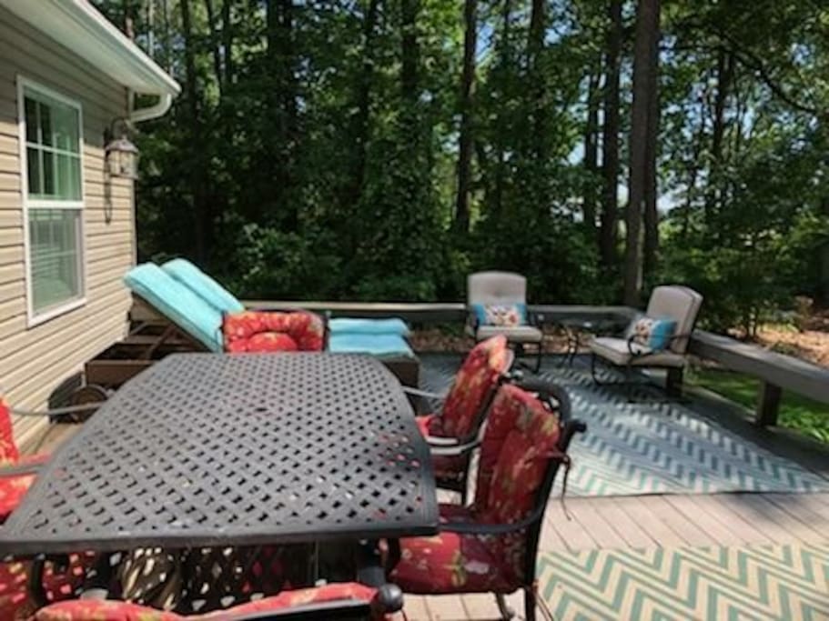 Large Deck. Outdoor games (cornhole and etc.) and Bikes are located in the Shed