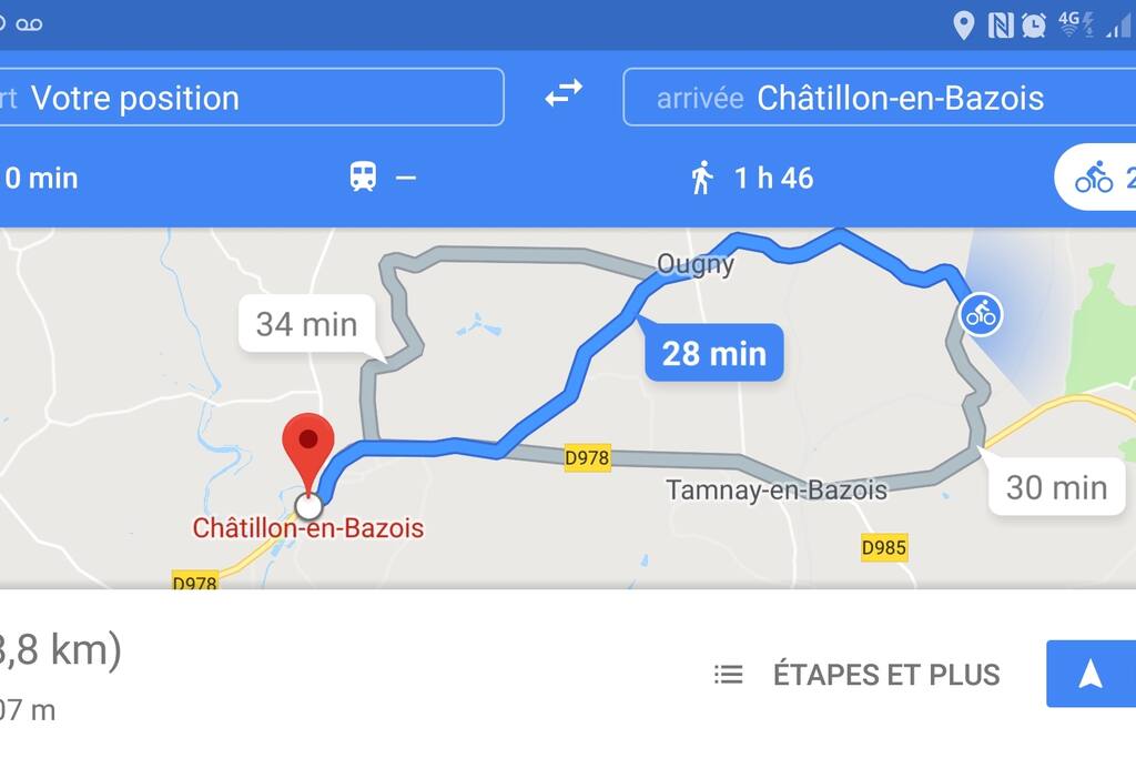 Trajet pour rejoindre la canal du Nivernais en vélo 8,8 km en 38minutes