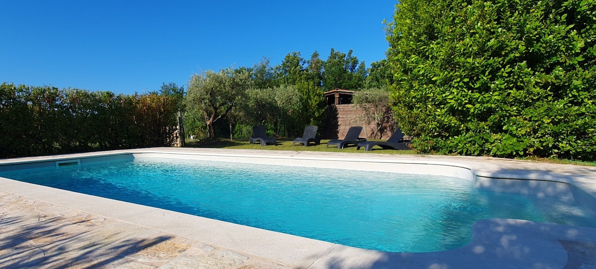 A private swimming pool is framed by lush greenery and well-maintained hedges. Sun loungers are positioned nearby, offering a space to relax. The clear blue water sparkles under the sun, inviting for a refreshing swim.