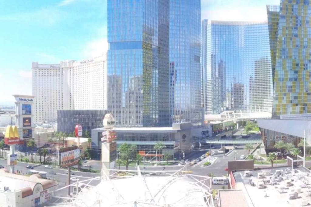 View of the Aria/Cosmo hotels.