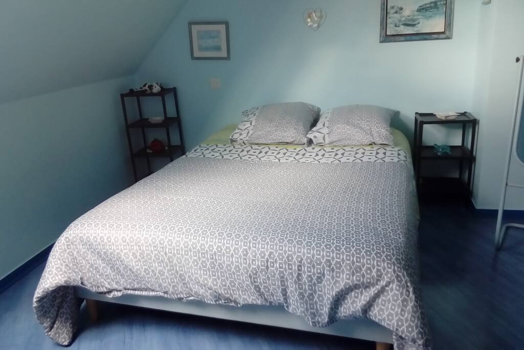 Chambre bleue" Les Campagnols" Elle se situe à l'étage lit ( 140 X 190) , Bureau, Penderie ,Miroir sur pied,Chauffeuse 1 personne (5€ en supplément)
Exposition Sud
Famille nombreuses : louer aussi " Les Campagnols 2"
WC sur le pallier
