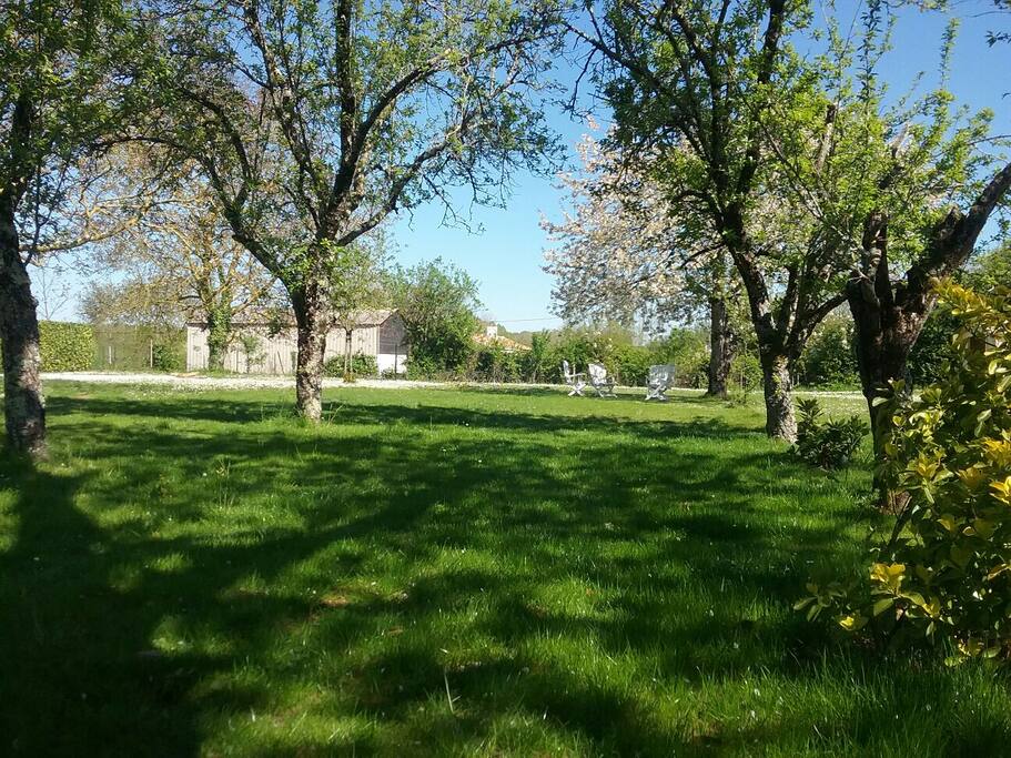 Le jardin arboré : Cerisiers, Mirabelles. Espace jeux.