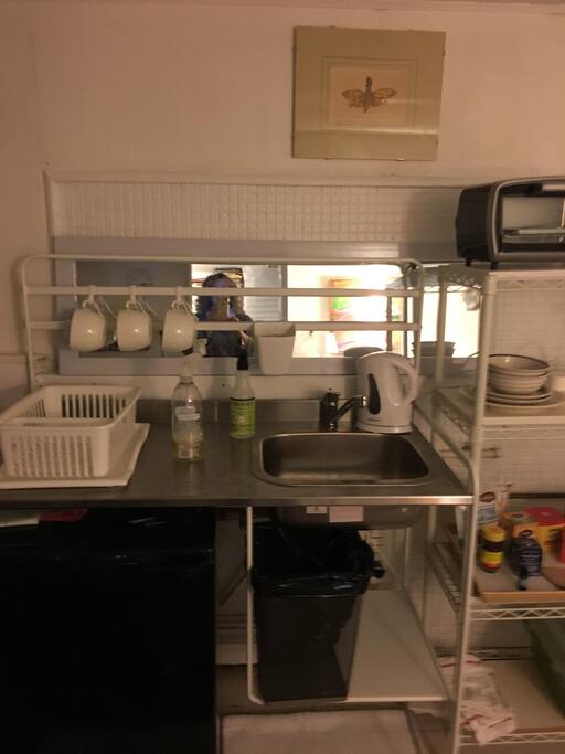 Mini-kitchen for your private use. Sink with running hot and cold water, refrigerator, electric tea kettle and toaster oven, microwave, egg cooker, electric rice cooker,plus milk warmer/frother to make cappichino