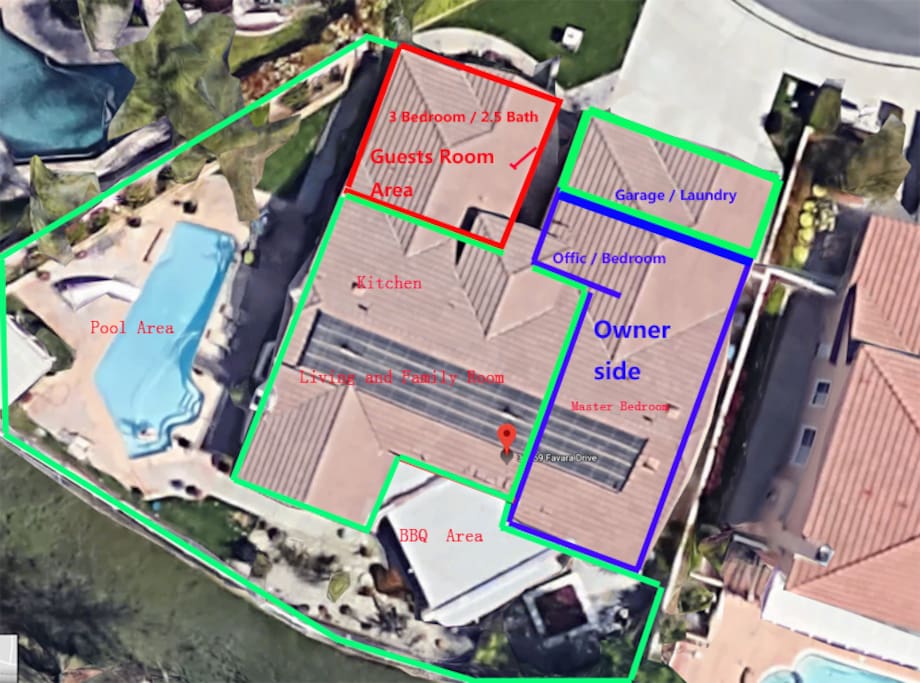 Guests area with its own access in front(indicated in red box,with 3bed/2.5Bath),access to use kitchen, dinning room, living room, pool and BBQ