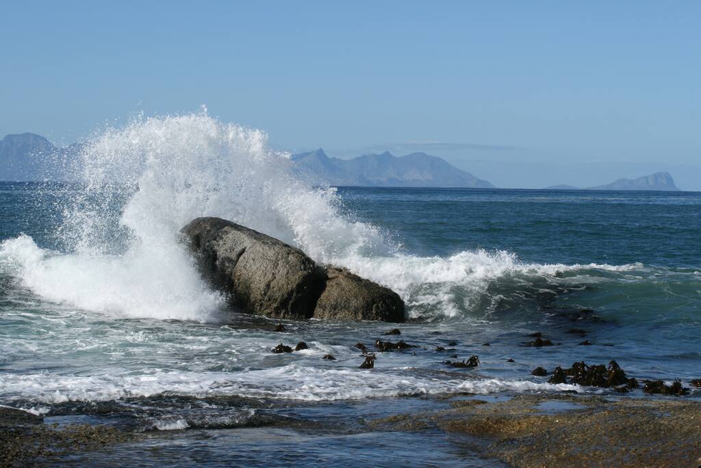 Waves crashing against the rocks at the bottom of the road.