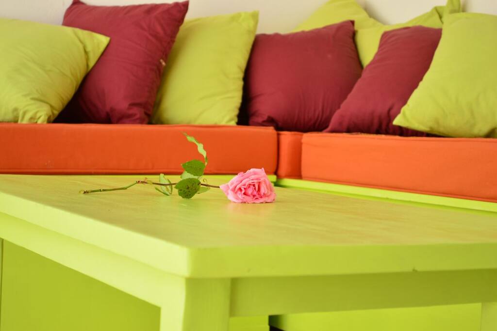 Coin sofa relaxation dans l'abri de jardin