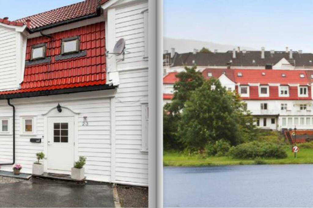 Inngang på forsiden og flott utsikt mot friluftsområde på baksiden