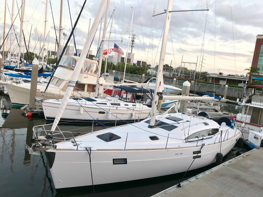 The yacht docked in her slip