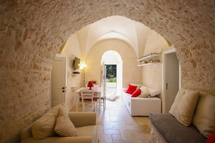 Living room with sofa bed.

The design and construction of Trulli also contribute to their natural cooling properties, making them comfortable in the hot Mediterranean climate.