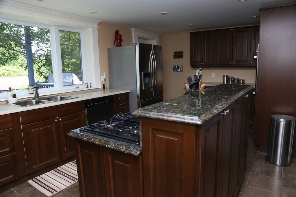 Large, bright kitchen with huge fridge, dishwasher and gas cooktop.