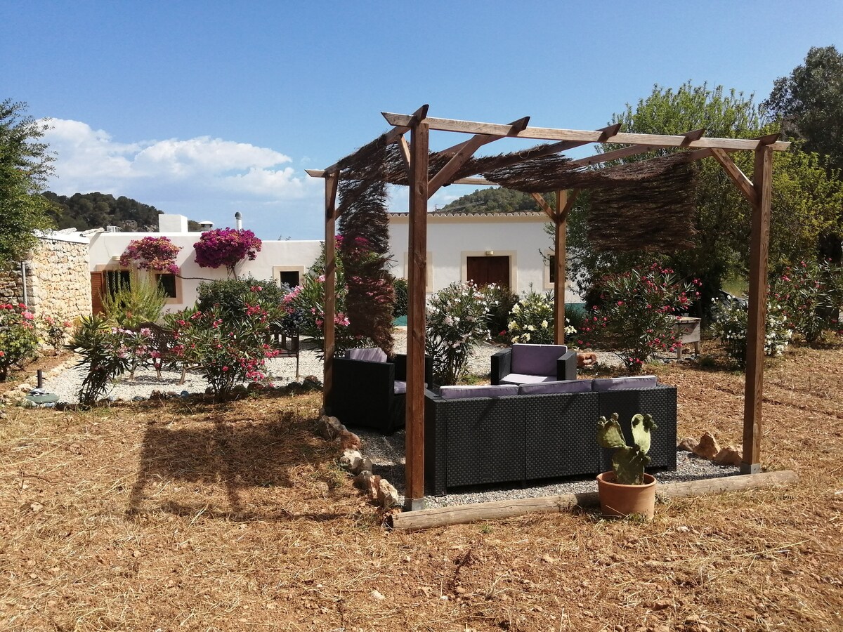 A spacious outdoor area is framed by a wooden pergola, providing shade over a seating arrangement with dark wicker chairs. Lush greenery and blooming flowers surround a gravel path, creating a serene garden atmosphere. The white facade of the house is visible in the background.