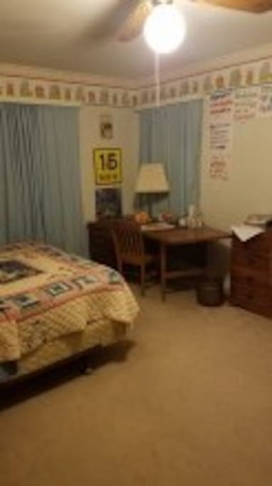 Queen bed is comfortable. Desk.