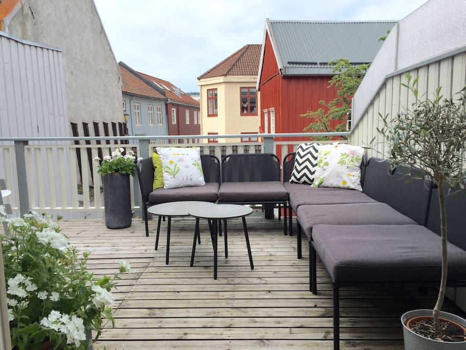 Large terrace overlooking the old houses in the neighborhood. Small electric heater for colder days, bbq facilities, and connected to the kitchen.