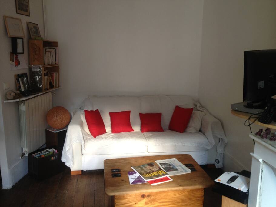 Dans la pièce à vivre l'espace canapé avec TV fibre optique, DVD et quelques films à disposition. Le canapé lit a un bon matelas.
