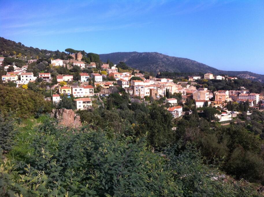 Le village médiéval de Bormes les mimosas avec notre maison en premier plan, au sommet le chateau féodal