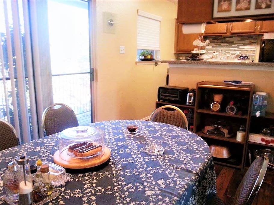 Shared dining space and cute little kitchen