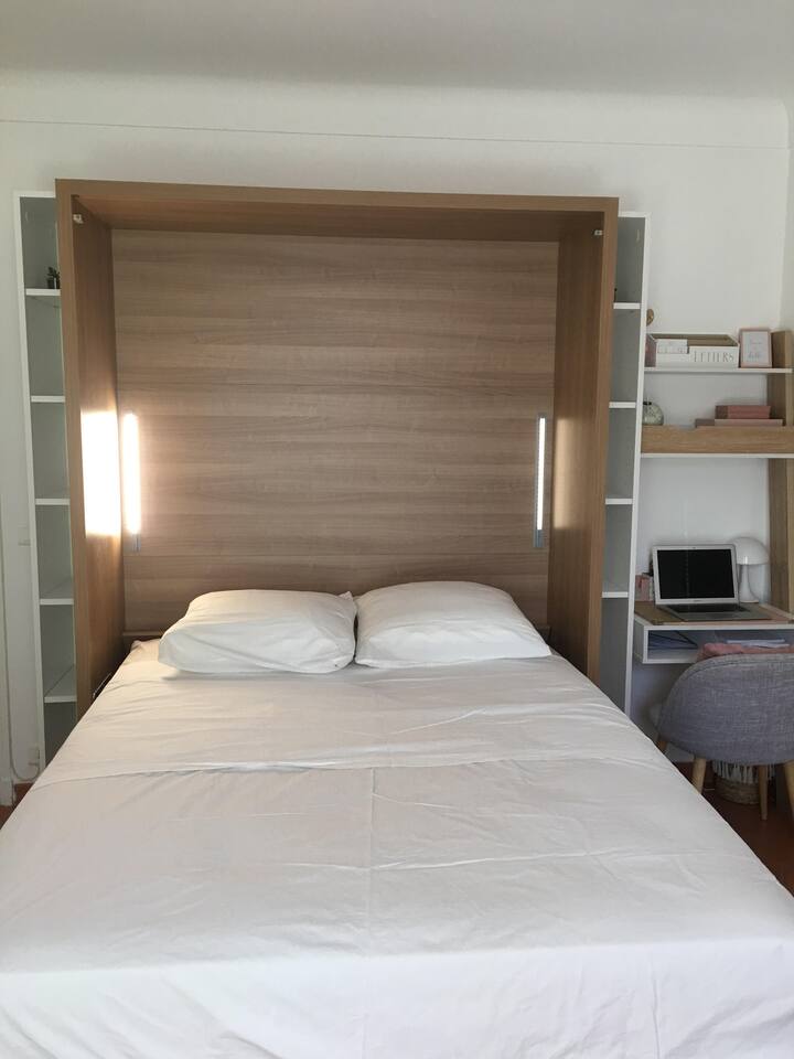 سرير ميرفي مع مشاهدين مدمجين ، ومخزن صغير مدمج على الجوانب.