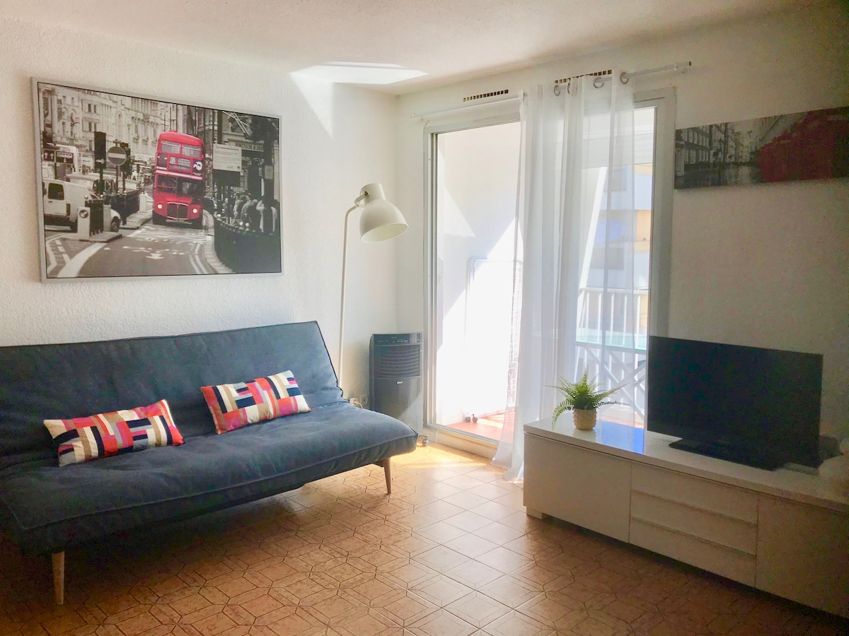 A bright living area features a blue sofa bed, complemented by colorful decorative cushions. A large window allows natural light to enter, while a TV is positioned on a low, white cabinet. A small potted plant adds a touch of greenery to the space.
