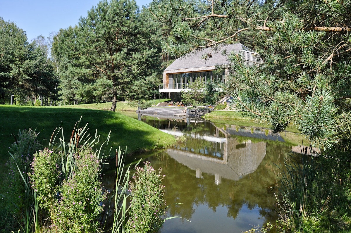 A modern building is nestled among tall trees, reflecting in the calm waters of a pond. Lush greenery surrounds the property, with colorful flowers and grasses visible at the water's edge. Sunlight filters through the foliage, creating a serene outdoor setting.