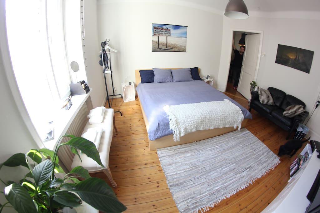 The room has a clothing rack, bed, bedside tables, sofa, TV, huge full-body mirror. Umbrellas for rainy weather! You also have a hairdryer, a hair straightener and a yoga mat in the room.