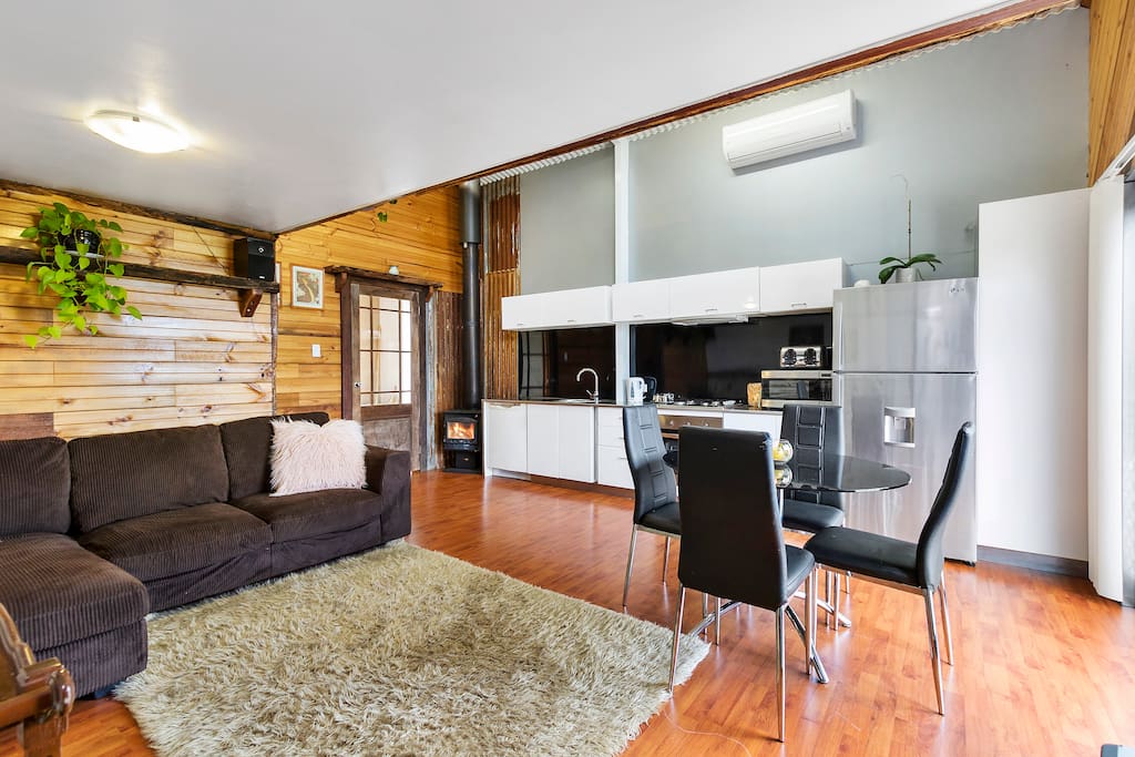 Open plan living with combustion fire