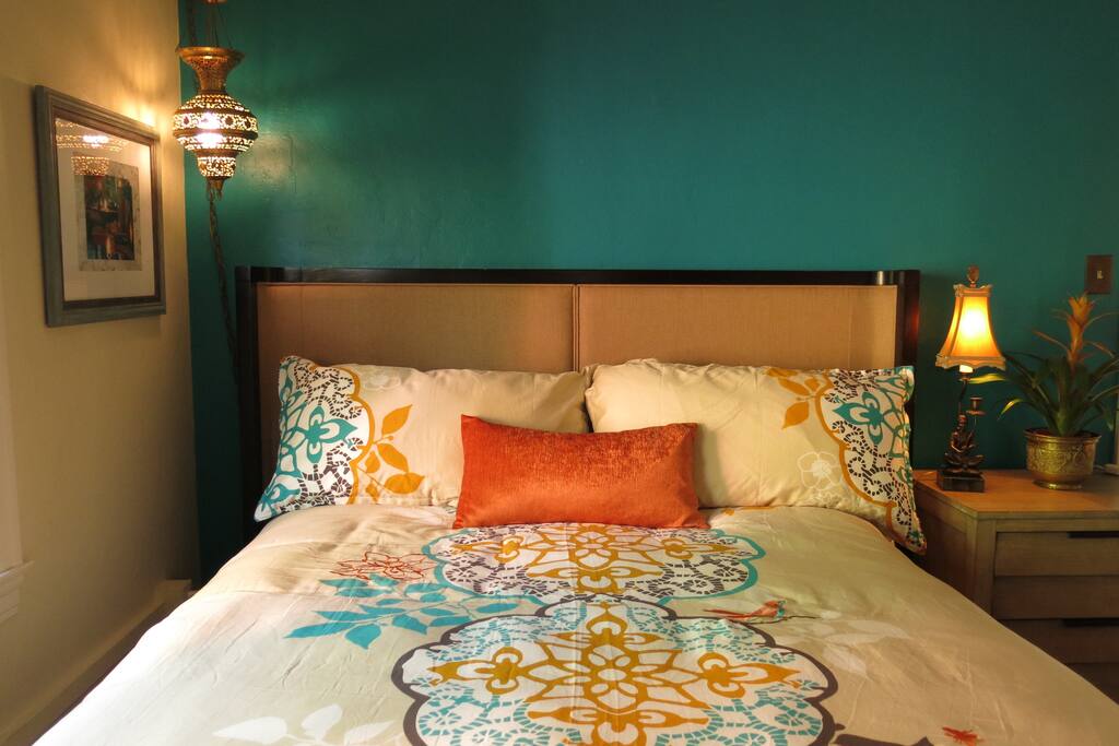 New Plush Queen bed with Luxury Linens & Extra Pillows for your comfort.