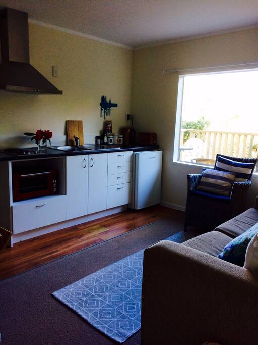 Kitchen with stove top, little oven and fridge