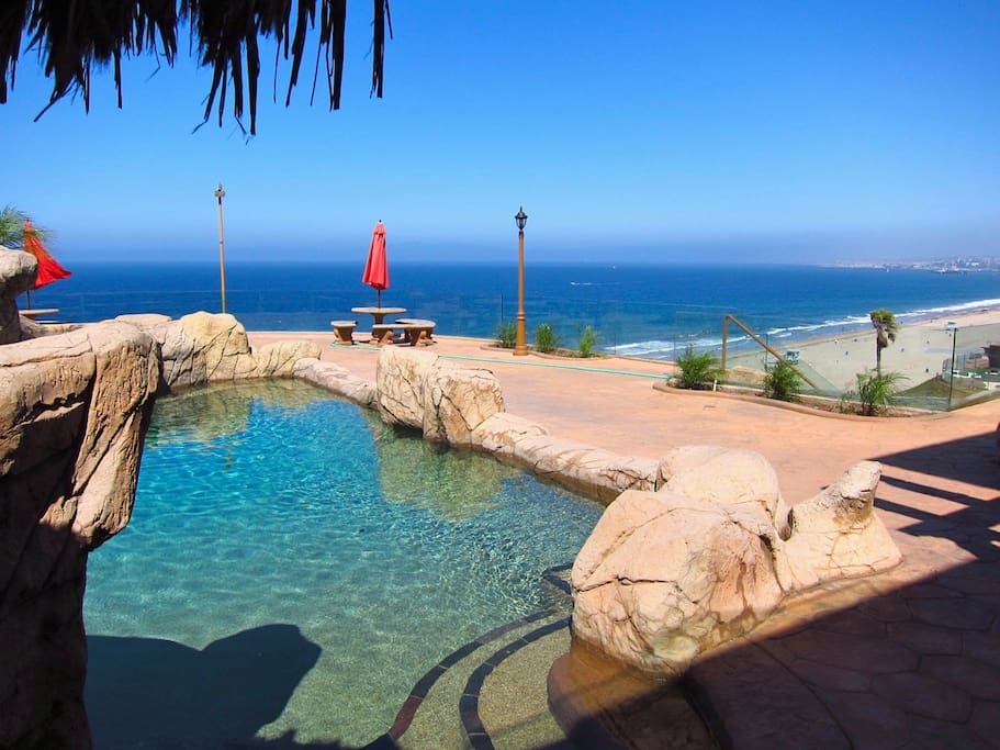 Pool has a waterslide and waterfalls!