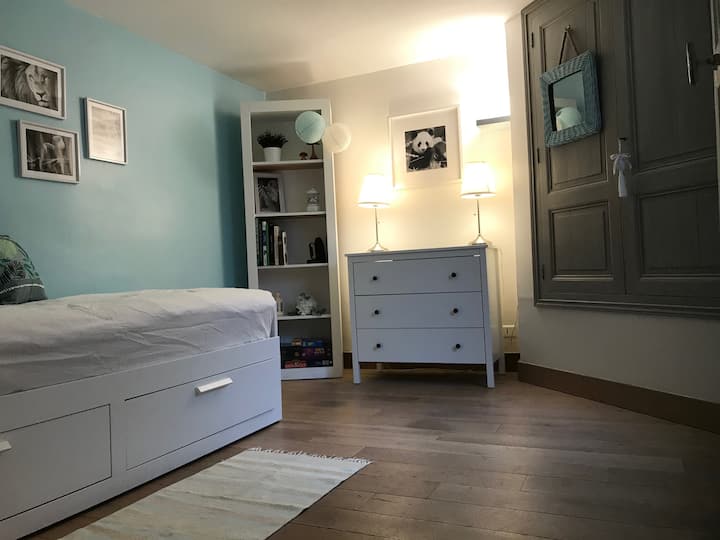 Chambre du rez de chaussée déservie depuis l'entree, un lit escamotable 90x190 devient 140x190 très simplement , placard et commode