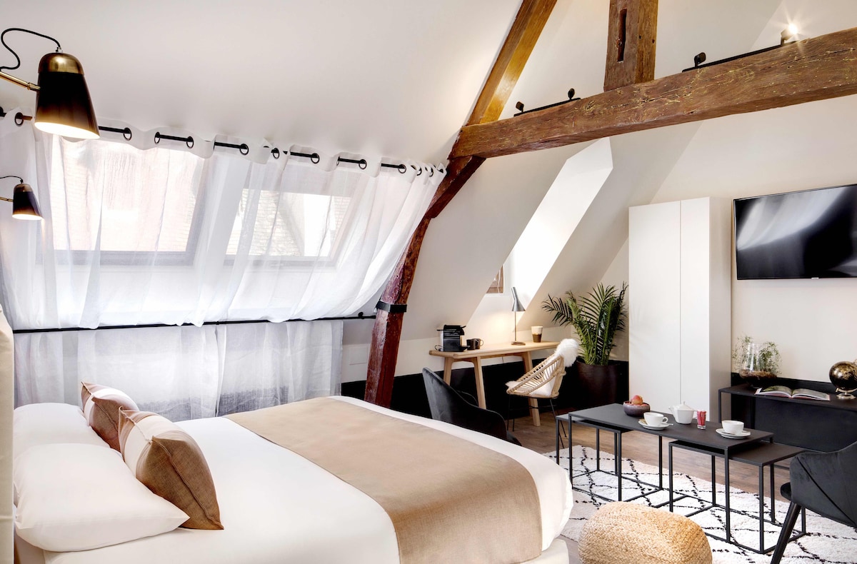 A spacious studio is highlighted by a double bed with neutral bedding. Large windows with light curtains create an airy atmosphere. A seating area includes a small table and chairs, complemented by a modern television and decorative elements, including a plant in a corner.