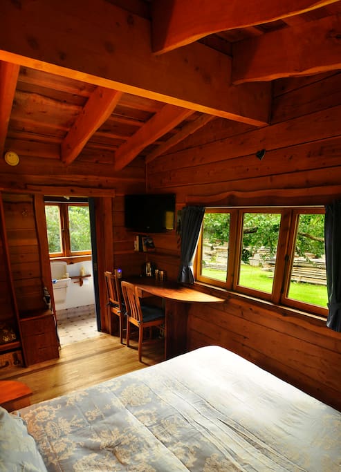 Views to the outdoors framed in beautiful redwood logs.