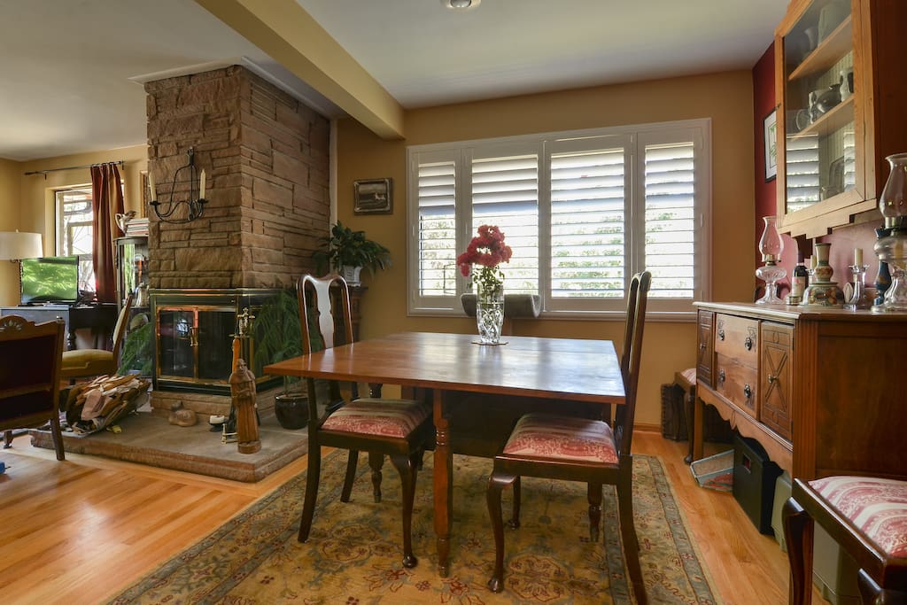The light filled dining room is a good place to watch hummingbirds at the feeder.