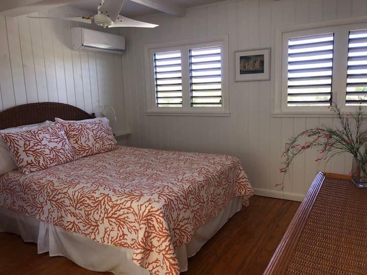 Queen bedroom on lower level of cottage.  Bathroom and shower also on this level 